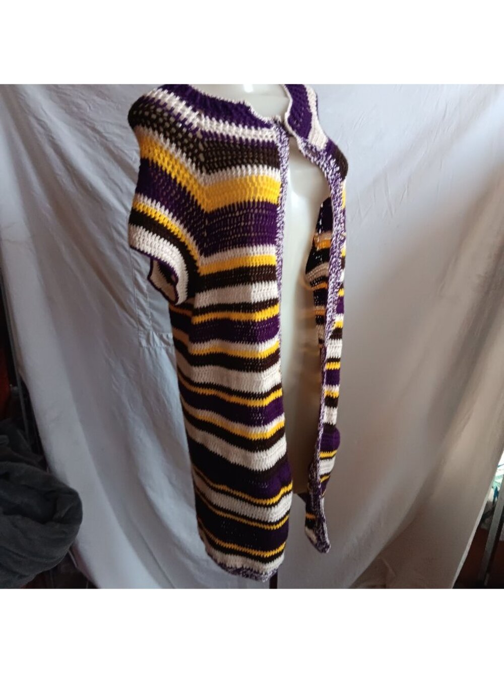 Crazy Granny Medium Vintage 1970's Cape Sweater Handmade Striped Open Front Knit